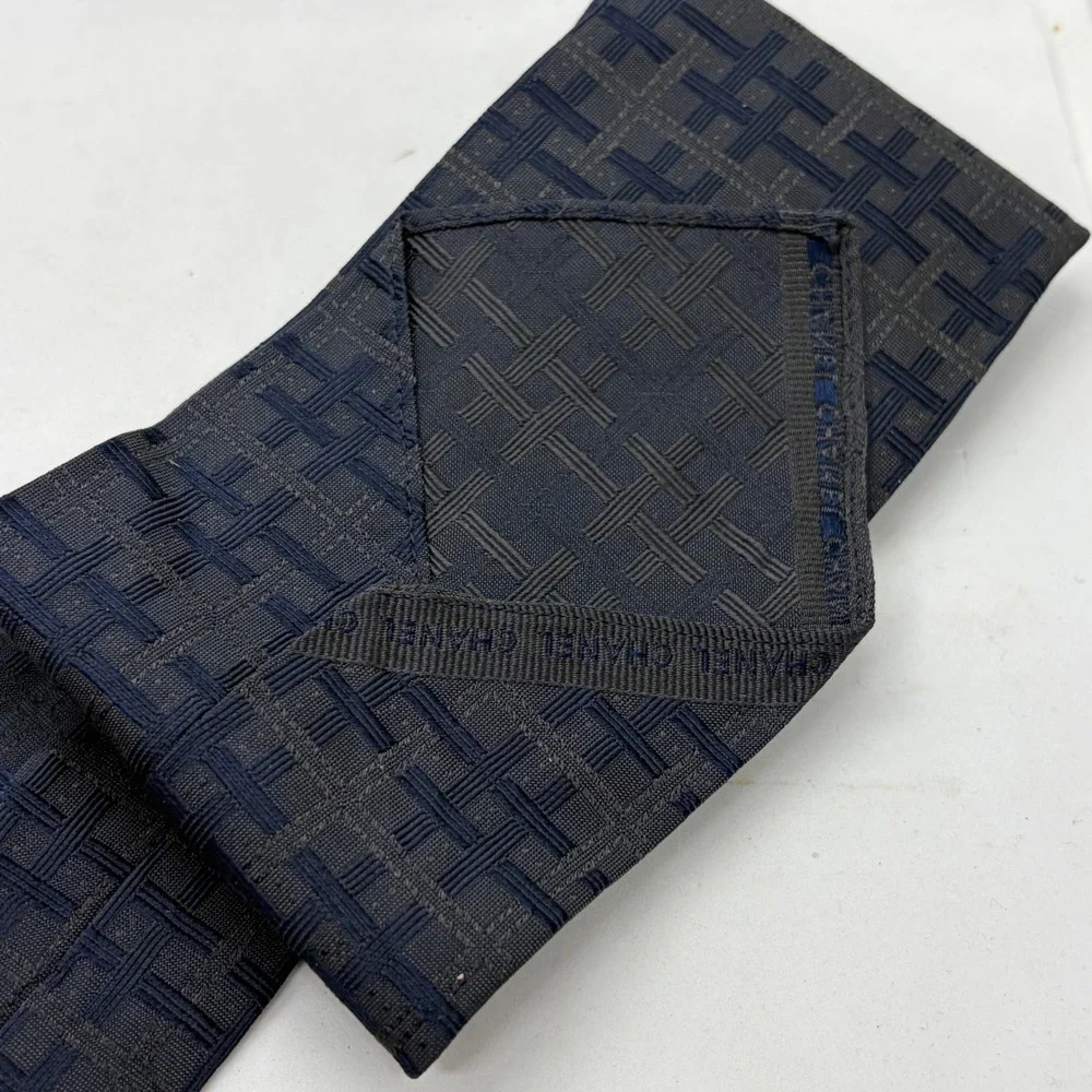 Vintage Chanel Paris Silk Tie Navy Blue Woven Basketweave Pattern Made in Italy